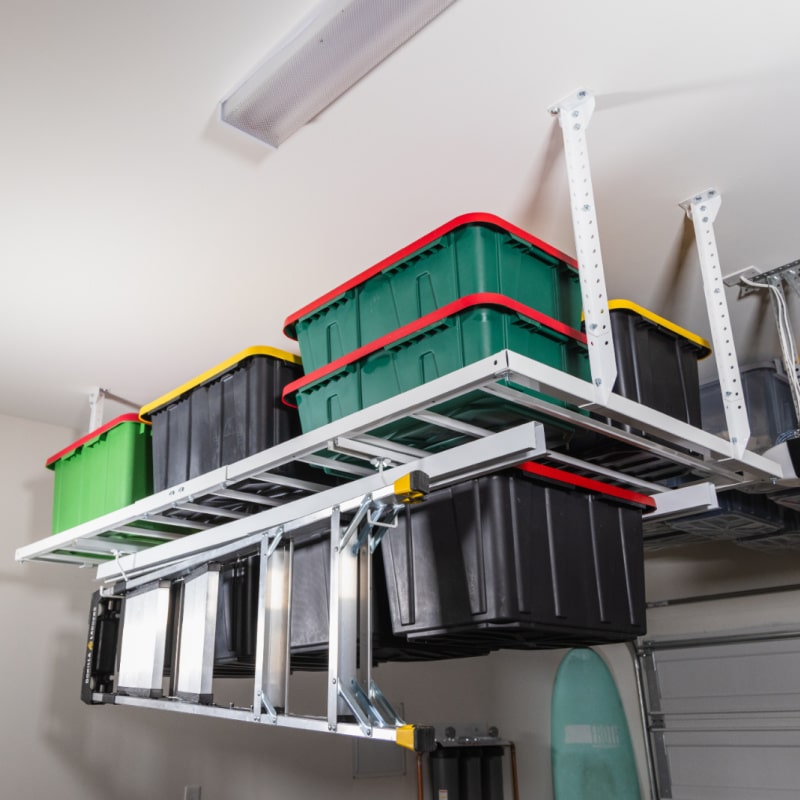 E-Z 3-IN-1 Overhead Garage Storage Rack Fully Loaded