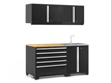 NewAge Pro Series 5 
Piece Garage Cabinet Set With Wall Cabinet Garage Sink Cabinet Drawer Cabinet Black With Bamboo