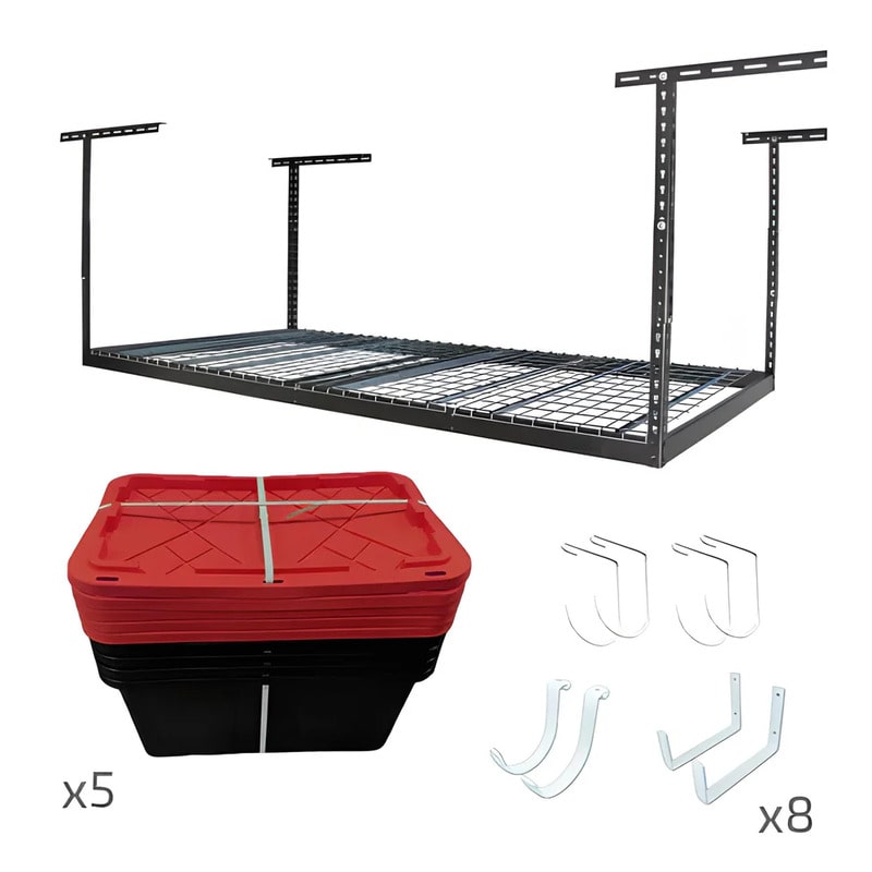 SafeRacks 4x8 Overhead Garage Storage Rack With 5 Bins (Red) Hammertone Kit