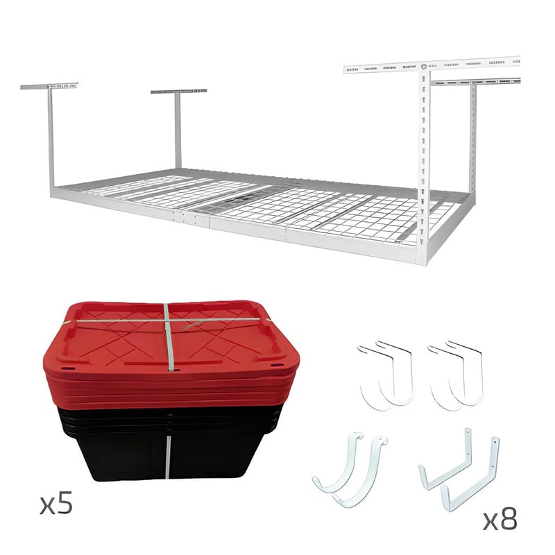 SafeRacks 4x8 Overhead Garage Storage Rack With 5 Bins (Red) White Kit