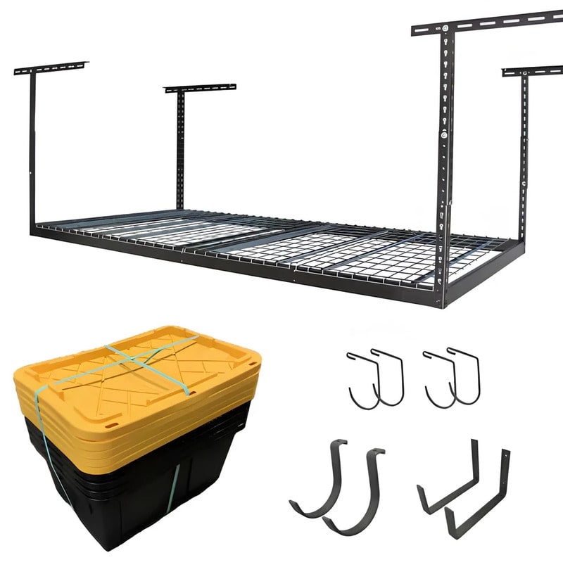 SafeRacks 4x8 Overhead Garage Storage Rack With 5 Bins (Yellow) Hammertone