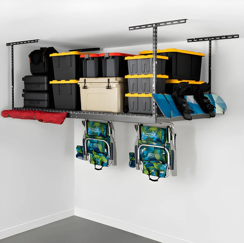 SafeRacks 4x8 Overhead Garage Storage Rack With 5 Bins (Yellow) Side View