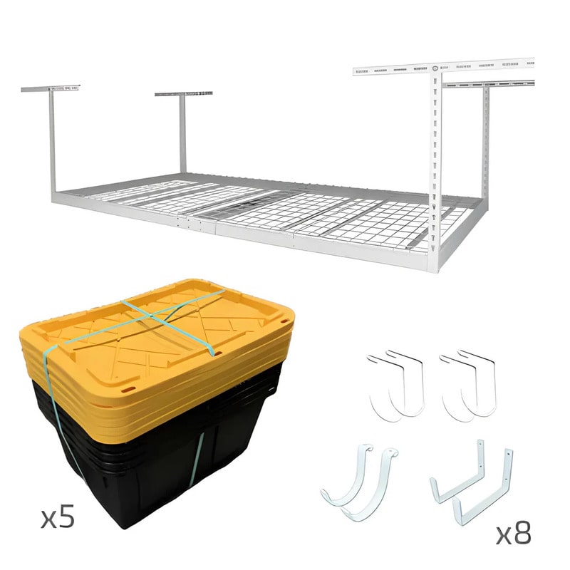 SafeRacks 4x8 Overhead Garage Storage Rack With 5 Bins (Yellow) White